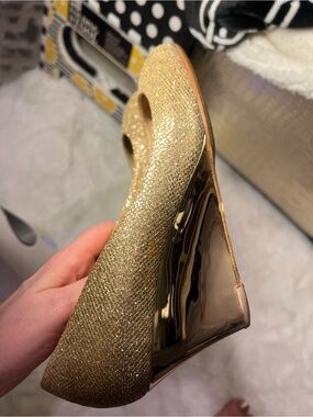 Jimmy Choo Gold Glitter Peep-Toe Wedge Pumps